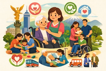 Ilustración con personas de diferentes edades y capacidades recibiendo apoyo, símbolos de cuidado, autobuses, el Ángel de la Independencia y edificios de la Ciudad de México.