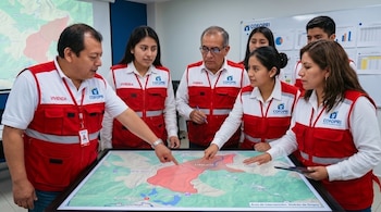 Un grupo de siete funcionarios de Cofopri, vistiendo chalecos rojos y blancos, se reúne alrededor de una mesa interactiva con un mapa, señalando la región de Ongoy