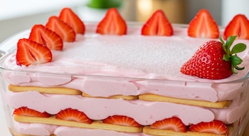 Postre Carlota de fresa cremosa en un recipiente de vidrio, con capas de crema rosa, galletas y fresas. Decorado con mitades de fresa y una fresa entera.