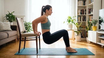 Vista lateral de una mujer haciendo flexiones de tríceps con una silla en un salón soleado. Viste ropa deportiva y está sobre una colchoneta azul.