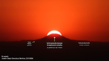 El sol, de un blanco brillante, emerge sobre la silueta oscura de un cerro, pintando el cielo de tonos naranjas y rojos intensos. Se aprecian textos explicativos en la imagen