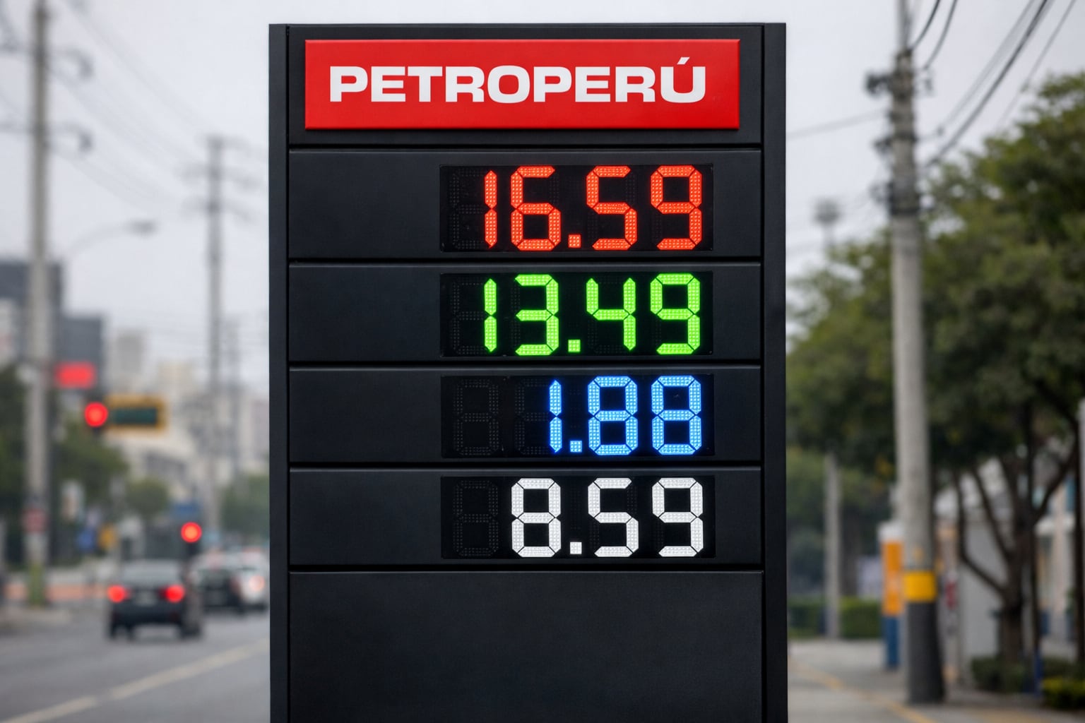 Un tablero digital de precios de Petroperú muestra las tarifas de gasolina, diésel, GNV y GLP en una estación de servicio en Lima, Perú. (Imagen Ilustrativa Infobae)