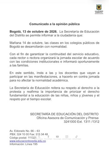 Los rectores de cada colegio público de Bogotá evaluarán el desarrollo de la jornada y avisarán cualquier cambio a las familias - crédito Secretaría de Educación Bogotá