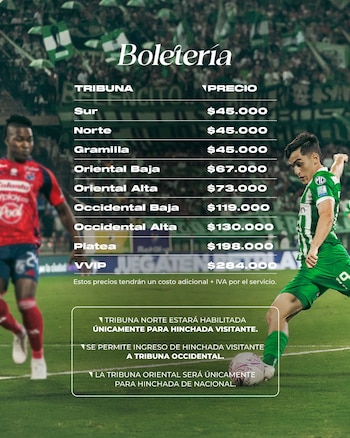 Los precios de la boletería para el clásico paisa entre Atlético Nacional e Independiente Medellín en los cuartos de final de la Copa BetPlay 2026 - crédito @@nacionaloficial/X