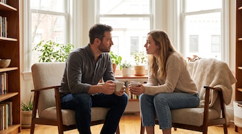 Hombre y mujer sentados en sillones de madera con tela beige, sostienen tazas y se miran. Al fondo se aprecian ventanas, estanterías con libros y plantas