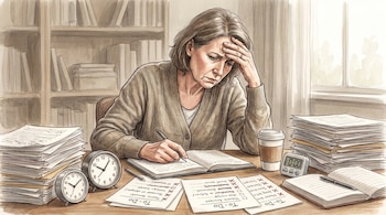 Ilustración realista de una persona adulta sentada en un escritorio con montones de papeles, relojes y listas. Su mano está en la frente, rostro preocupado.
