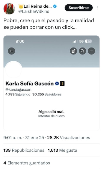 Laisha Wilkins, figura pública que alcanzó la fama como actriz en telenovelas juveniles a finales de los años 90, se sumó a la conversación al lanzar un dardo contra Karla Sofía Gascón, el cual ha resonado en X, antes Twitter.