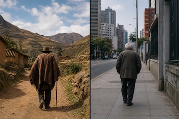 Díptico con un hombre con poncho en un camino rural a la izquierda y un hombre con abrigo en una acera urbana a la derecha.