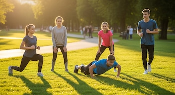 Cinco adolescentes en un parque con césped verde: una joven hace estocadas, un joven hace flexiones, otro joven corre, y dos jóvenes están de pie.