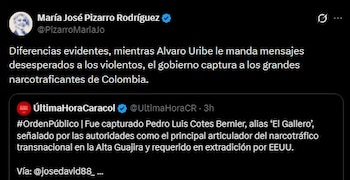 María José Pizarro reaccionó a la captura de alias El Gallero y aseguró que el operativo demuestra diferencias entre el Gobierno y sectores políticos frente a la lucha contra el narcotráfico - crédito Maria José Pizarro/X