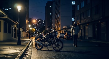 Motocicleta negra estacionada en calle urbana mojada de noche, bajo faroles. Un sujeto encapuchado camina cerca con edificios residenciales al fondo.