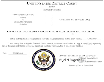 Documento judicial oficial del Tribunal de Distrito de los Estados Unidos para el Distrito de Columbia con sello y firma digital