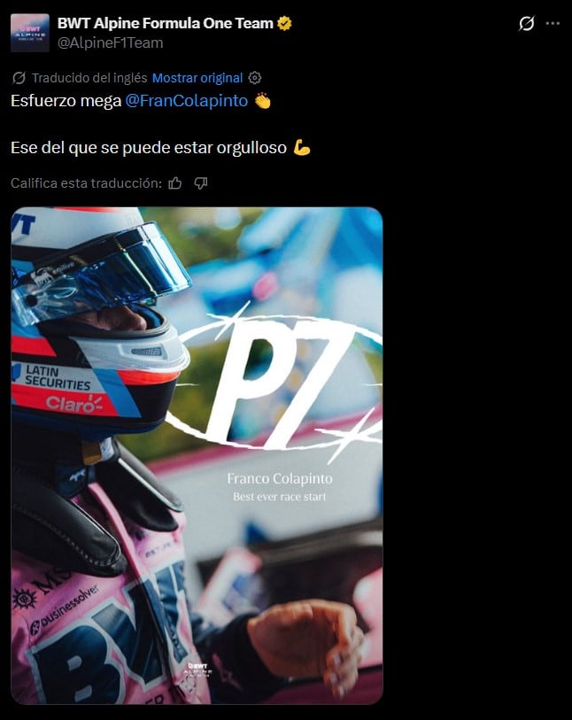 Alpine le brindó todo su apoyo a Colapinto por su actuación en el Gran Premio de Italia (@AlpineF1Team)