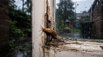 Una babosa sobre el marco de madera desgastado y con pintura levantada de una ventana húmeda con gotas de agua en el cristal.