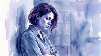 Ilustración acuarelada de una mujer con cabello oscuro y corto, blusa azul, brazos cruzados, y expresión de preocupación, en tonos azules y violetas.