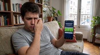 Hombre joven en un sofá con expresión de frustración, sostiene un teléfono Android mostrando un mensaje de error de reproducción del Mundial 2026.
