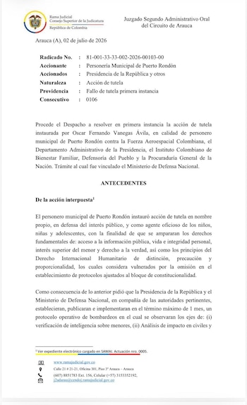 Un juez frena de forma provisional los bombardeos en Arauca y le pone tarea al Gobierno Petro - crédito cortesía
