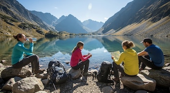 Cuatro personas sentadas en rocas a la orilla de un lago de montaña con aguas claras, rodeado de montañas rocosas, bajo un cielo azul despejado. Hay mochilas junto a ellos.