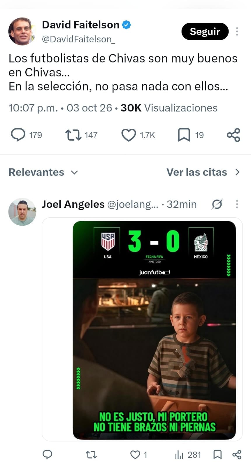 David Faitelson opina sobre el desempeño de los jugadores del club Chivas en la selección de fútbol de México a través de un mensaje publicado en la red social X. (David Faitelson)
