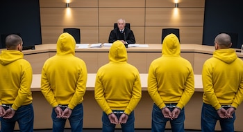 Cinco personas con sudaderas amarillas y jeans azules, esposadas por detrás, de espaldas a la cámara, de pie ante un juez en un tribunal.
