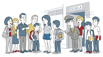 Ilustración de personas en fila frente a la puerta de una escuela donde un inspector uniformado detiene a un estudiante con mochila transparente.