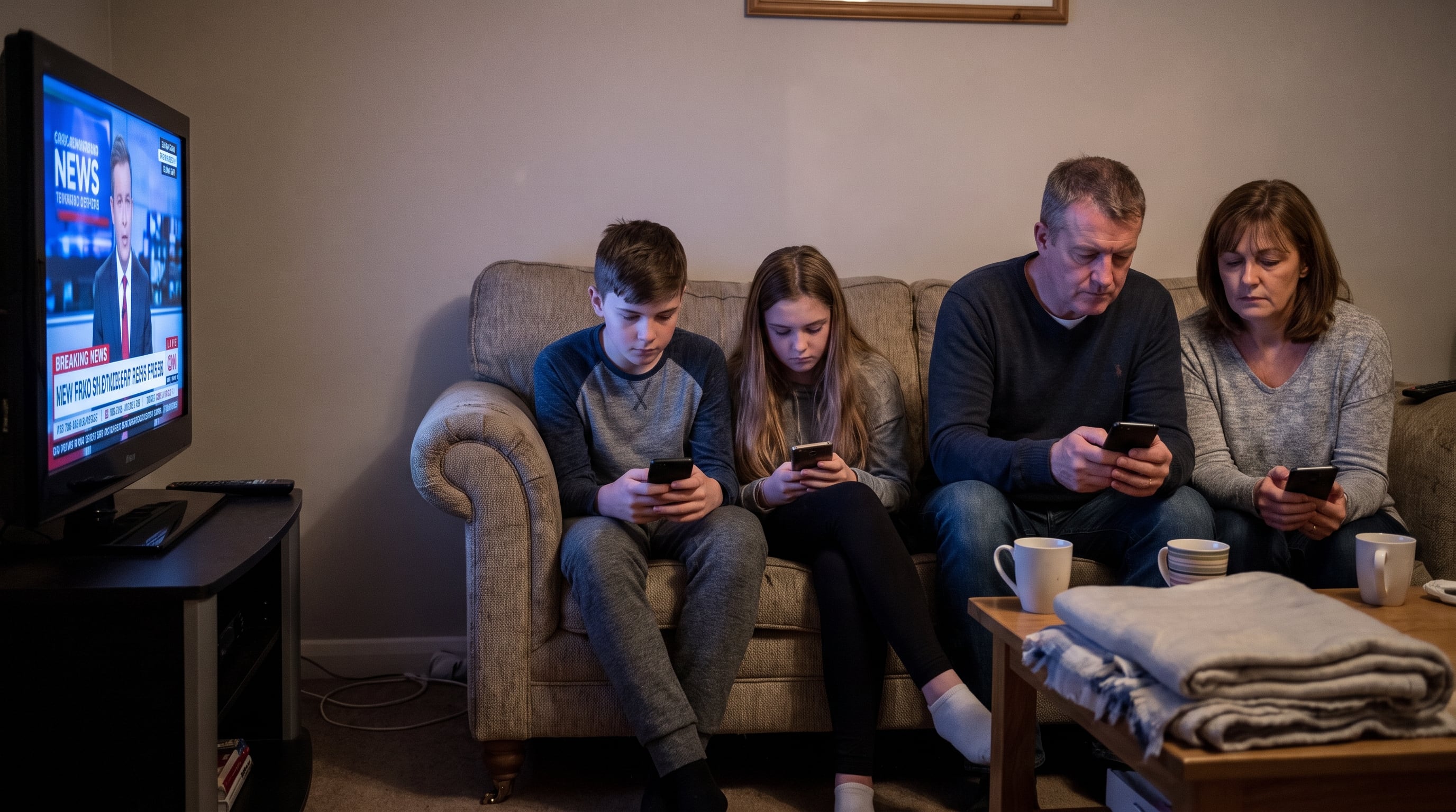 Dos adolescentes y sus padres consultan sus móviles sentados en el sofá mientras la televisión emite un telediario (Imagen Ilustrativa Infobae)