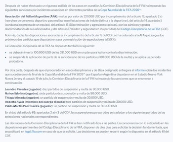 El comunicado oficial de la Comisión Disciplinaria de la FIFA sobre las sanciones