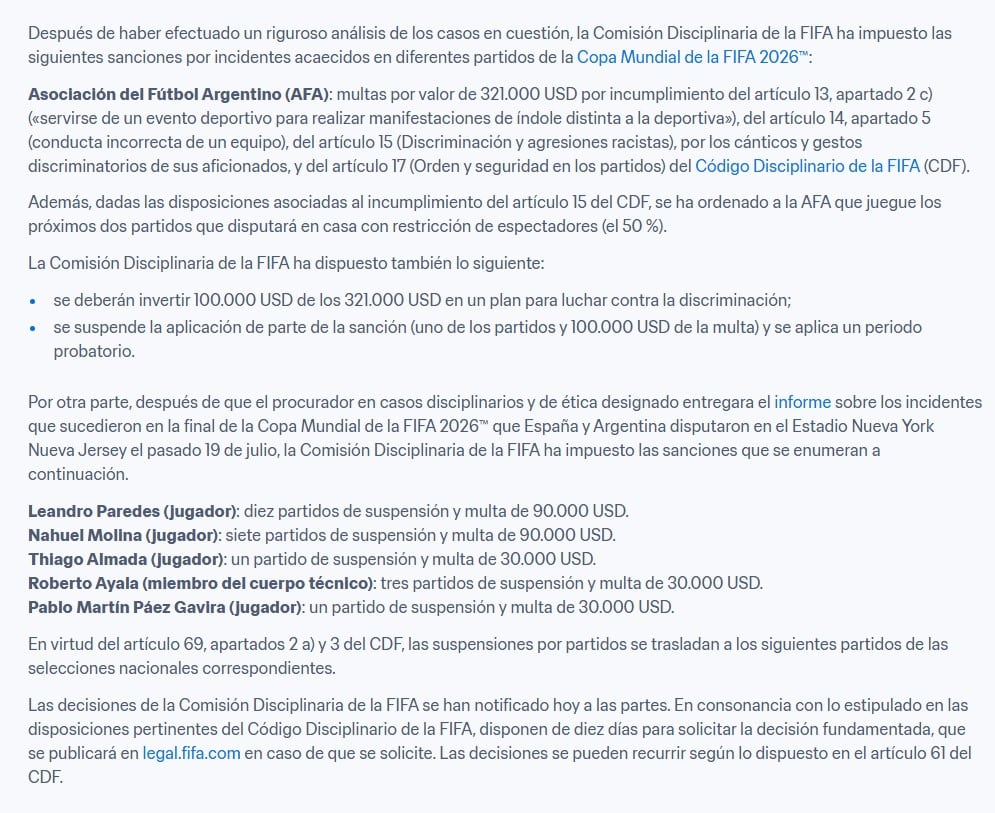 El comunicado oficial de la Comisión Disciplinaria de la FIFA sobre las sanciones
