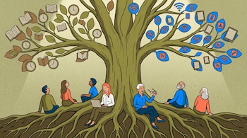 Una ilustración plana de un gran árbol con hojas en forma de libros y relojes a la izquierda, y hojas con íconos tecnológicos a la derecha. Varias personas sentadas en sus raíces.