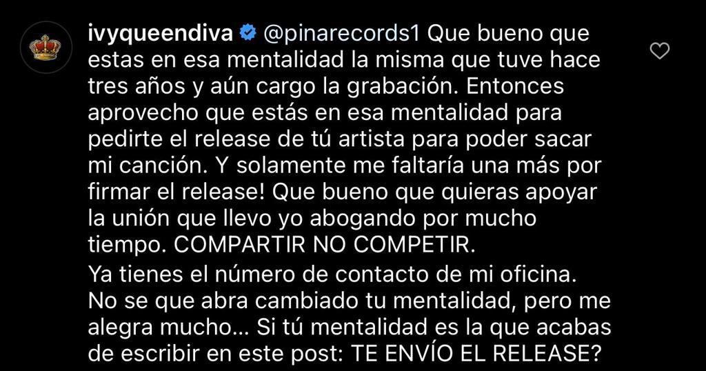 Ivy Queen replicó a Pina, acusándolo de impedir el estreno de una colaboración grabada con Natti Natasha - crédito @pinarecords1/Instagram