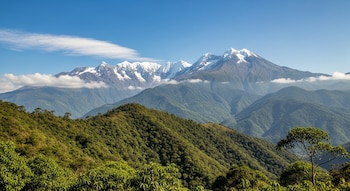 Paisaje montañoso con picos nevados del Pico Simón Bolívar en la Sierra Nevada de Santa Marta. Colinas verdes frondosas en primer plano bajo un cielo azul.