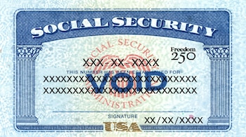 Tarjeta de Seguro Social de Estados Unidos azul y blanca con el texto "VOID", "Freedom 250", placeholders de número y nombre, y la palabra "USA".