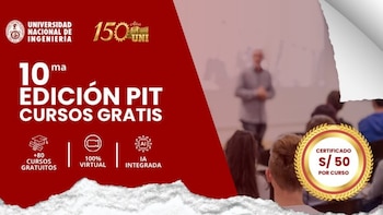 Póster promocional de la UNI, con texto '10ma Edición PIT Cursos Gratis', iconos de cursos, virtualidad e IA, sello de certificado y una clase de fondo borrosa