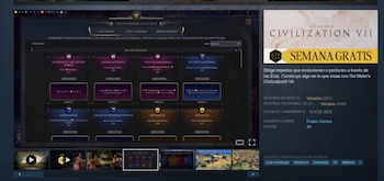 Captura de una tienda digital con la interfaz del juego Sid Meier's Civilization VII y un letrero que dice Semana Gratis