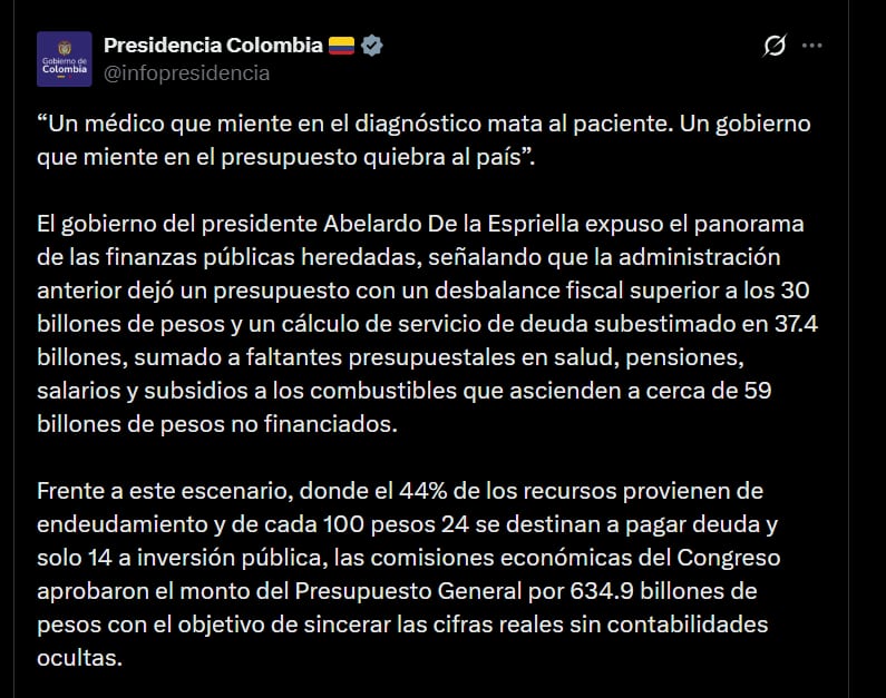 El vocero de Presidencia, Miller Soto, afirmó que la administración recibió una situación fiscal comprometida y cuestionó la elaboración del presupuesto por parte del gobierno anterior - crédito @infopresidencia/X