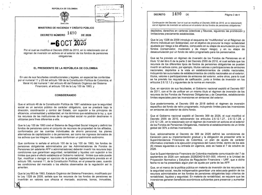Decreto 1490 de 2026, en el que se habilitan las inversiones extranjeras a las AFP - crédito Dapre