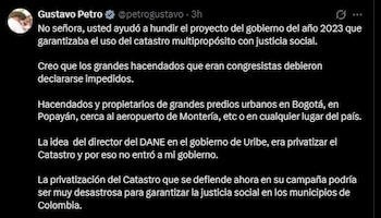 Presidente Gustavo Petro responde en X a las críticas sobre el catastro multipropósito y defiende la actualización de los avalúos catastrales en el país - crédito Gustavo Petro/X