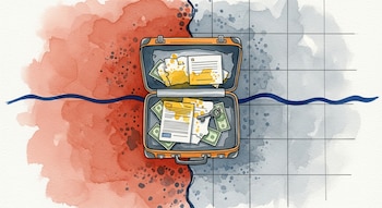 Ilustración en acuarela de una maleta abierta con papeles, billetes y una llave sobre un fondo dividido en dos, rojo y gris, con una línea azul curva.