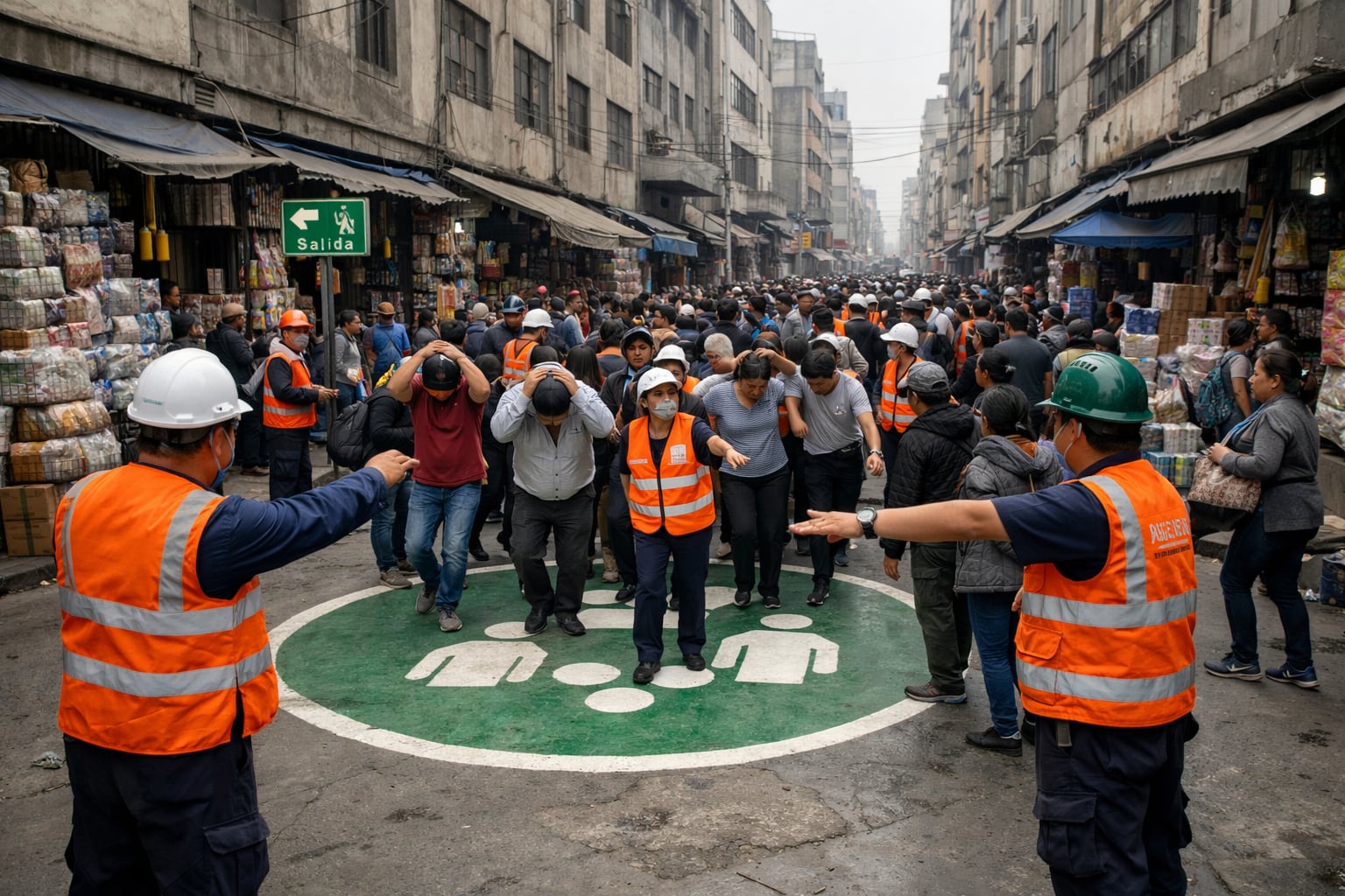 Brigadistas guían a comerciantes y peatones durante un simulacro de evacuación por sismo en la zona de Mesa Redonda en Lima, Perú. (Imagen Ilustrativa Infobae)