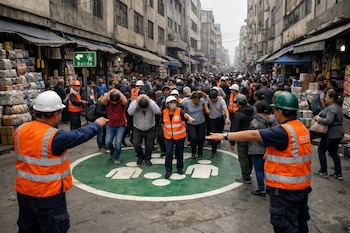 Brigadistas con chalecos naranja y cascos guían a peatones con manos en la cabeza en calle con señal de salida y círculos verdes de concentración en el suelo.