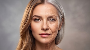Un rostro de mujer dividido por la mitad con un lado de piel joven y cabello rubio, y otro lado con arrugas y cabello canoso.