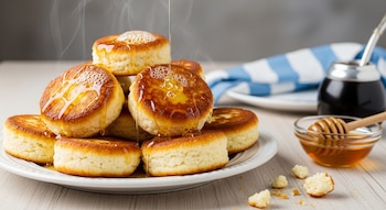 Buñuelos de ricota dorados en un plato blanco con miel derramada, un cuenco de miel con cuchara, un mate y migas sobre una mesa de madera.