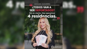 Una mujer rubia sonriente sostiene sobres blancos. El texto dice: '¿TODOS VAN A SER DEPORTADOS? No es cierto. Hoy ganamos 4 residencias.'