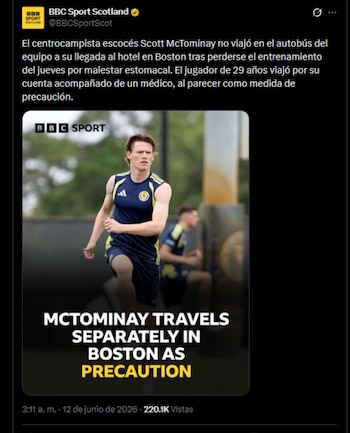 Scott McTominay volvió a entrenar con Escocia en Boston tras ausentarse de la sesión anterior por un malestar estomacal-crédito @BBCSportScot/X