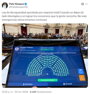 Captura de pantalla de una publicación en redes sociales que presenta una tableta con los resultados de una votación en un recinto legislativo