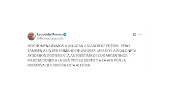 Captura de pantalla de una publicación en la red social X emitida por la cuenta verificada de Leopoldo Moreau sobre Lionel Messi