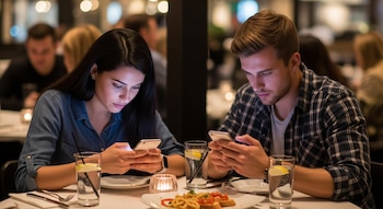 Un hombre y una mujer jóvenes en un restaurante, ambos mirando sus teléfonos celulares. Hay vasos de agua con limón, platos con comida y una vela en la mesa.