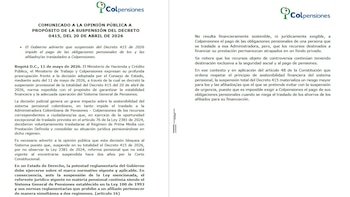 El Gobierno aseguró que la medida judicial afecta la operación financiera del sistema pensional colombiano. - crédito Colpensiones