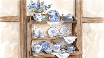 Estantería de madera con platos, jarras, tazas y teteras de cerámica blanca y azul, acompañados de flores y velas, en un dibujo en acuarela.