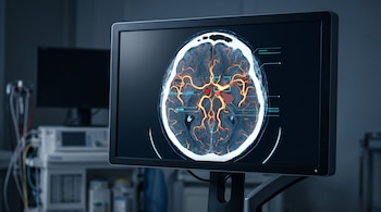 Un monitor médico muestra un corte transversal de cerebro con arterias en color naranja y marcadores gráficos digitales en una sala hospitalaria.